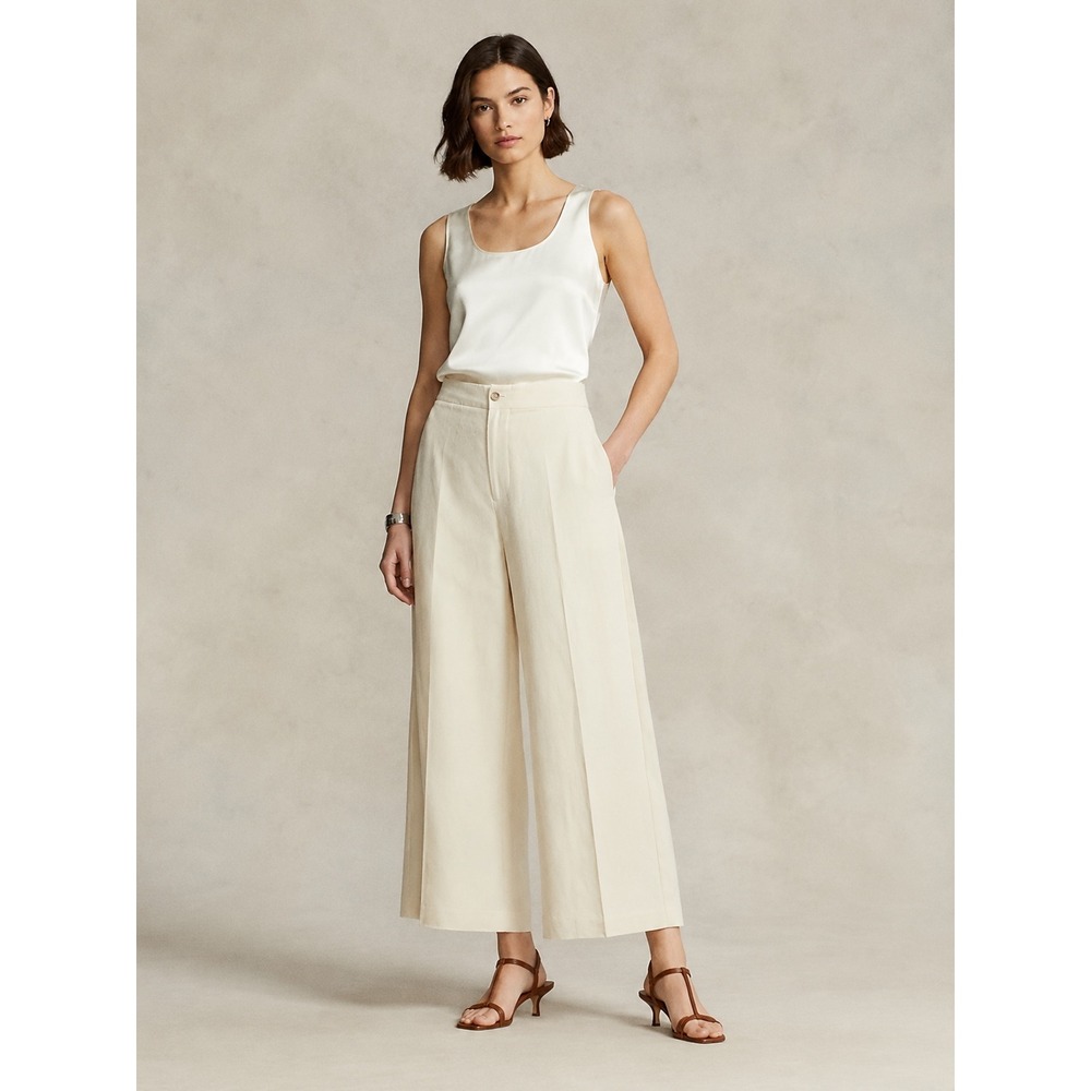 Polo Ralph Lauren Womens Cropped Silk-Linen Ultrawide-Leg Pant Beige 14 NEW